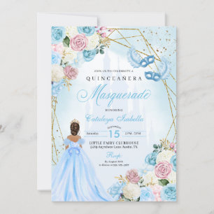 Blush Pink Blue Cinderella Masquerade Quinceanera Invitation