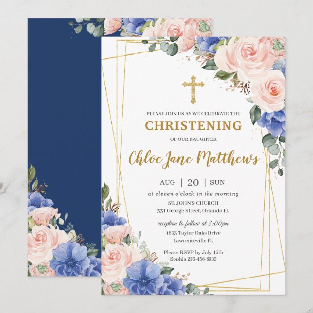 Blush Pink Blue Floral Gold Baptism Christening  I Invitation (Front/Back)