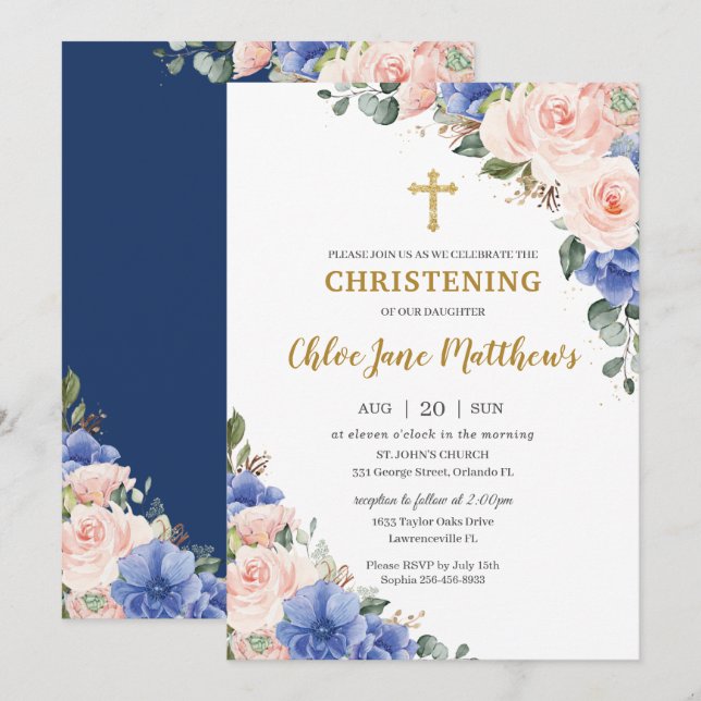 Blush Pink Blue Floral Gold Baptism Christening  Invitation (Front/Back)