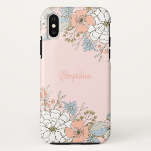 Blush Pink Blue Floral Personalised iPhone XS Case