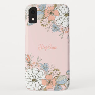 Blush Pink Blue Floral Personalised iPhone XR Case
