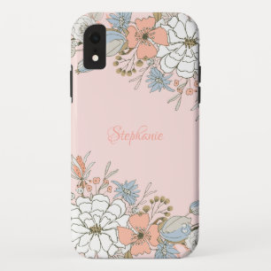 Blush Pink Blue Floral Personalised iPhone XR Case