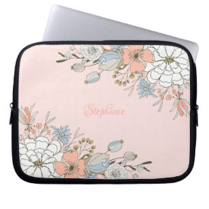 Blush Pink Blue Floral Personalised Laptop Sleeve