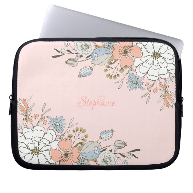 Blush Pink Blue Floral Personalised Laptop Sleeve (Front)