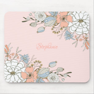 Blush Pink Blue Floral Personalised Mouse Mat