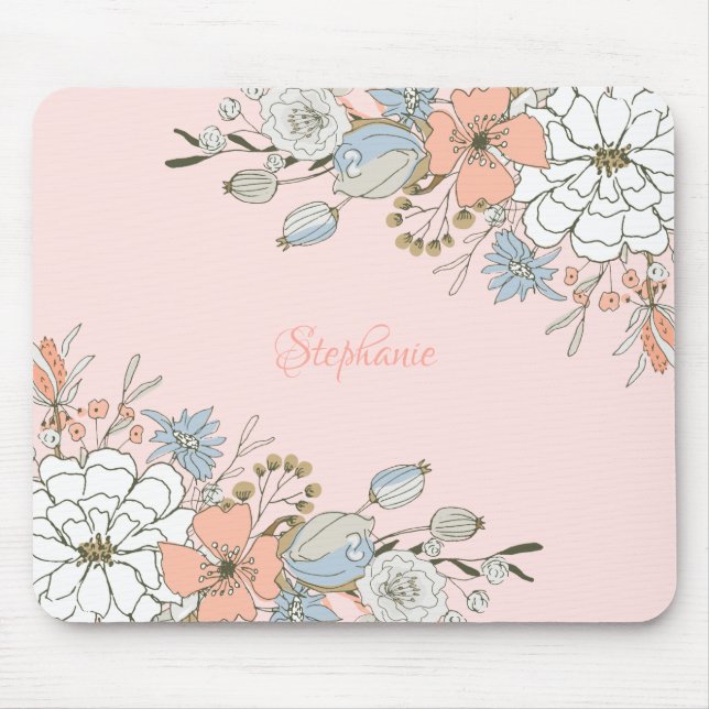Blush Pink Blue Floral Personalised Mouse Mat (Front)
