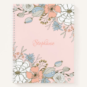 Blush Pink Blue Floral Personalised Notebook