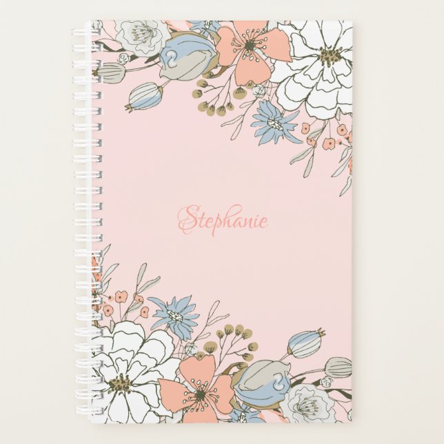Blush Pink Blue Floral Personalised Planner (Front)