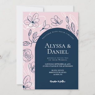 Blush Pink Blue Florals Leaves Modern Arch design Invitation