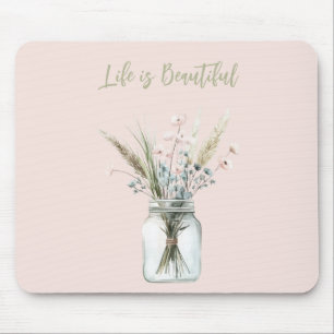Blush Pink Blue Flowers in Jar Mouse Mat