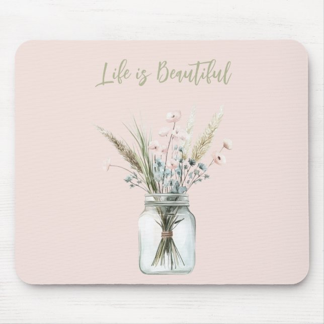 Blush Pink Blue Flowers in Jar Mouse Mat (Front)