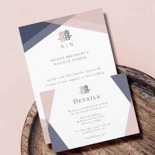 Blush Pink Blue Geometric Chinese Wedding Details Invitation
