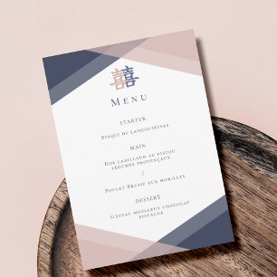 Blush Pink Blue Geometric Chinese Wedding Menu  Invitation
