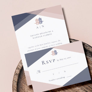 Blush Pink Blue Geometric Chinese Wedding RSVP Invitation