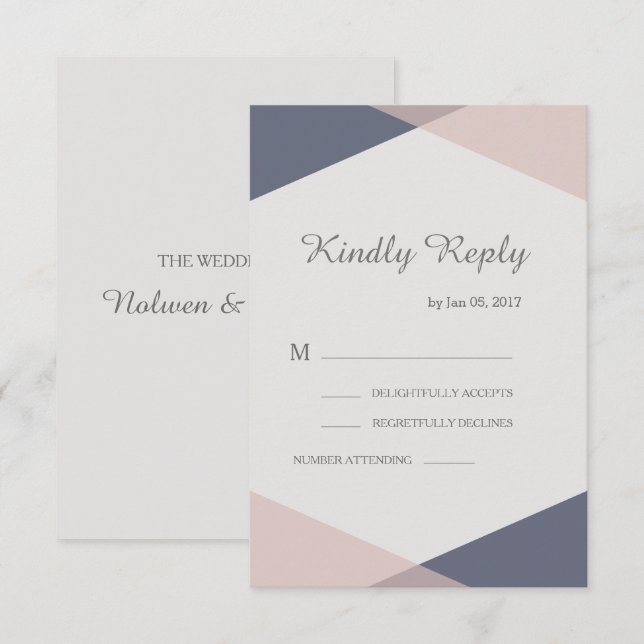 Blush pink blue geometric elegant wedding rsvp invitation (Front/Back)
