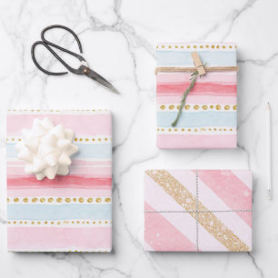 Blush Pink Blue Gold Stripes Wrapping Paper Sheet
