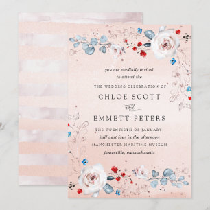Blush Pink Blue Pastel Watercolor FloralWedding Invitation