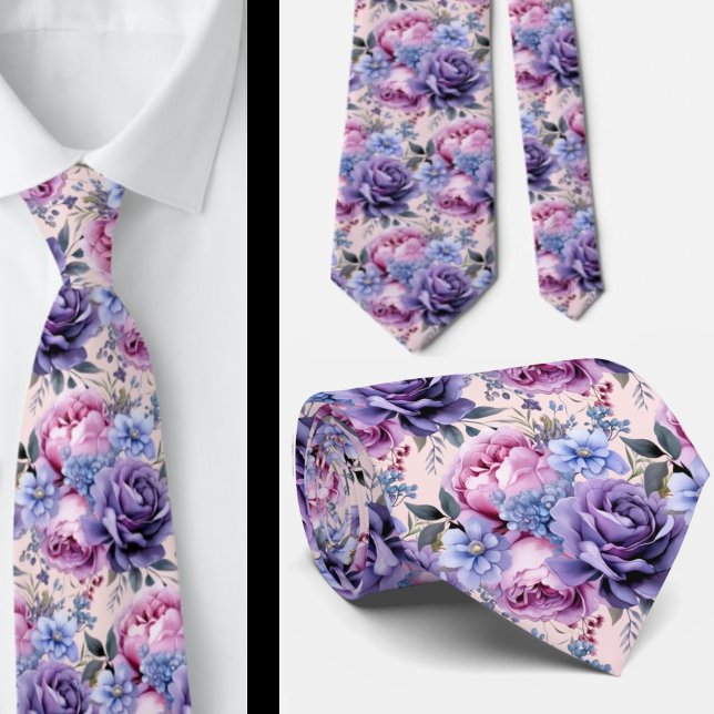 Blush Pink Blue Purple Violet Flowers Floral Tie (Creator Uploaded)