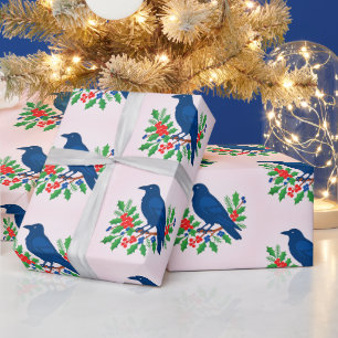 Blush Pink Blue Raven Holly Christmas Wrapping Paper