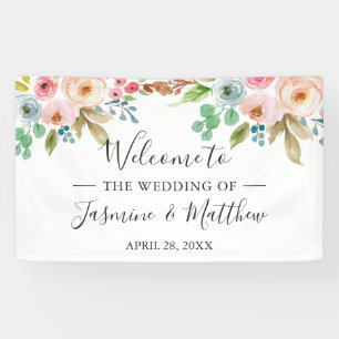 Blush Pink Blue Roses Peonies Floral Wedding Party Banner