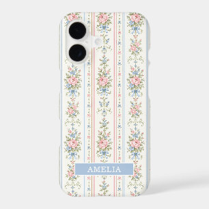 Blush Pink Blue Watercolor Floral Striped