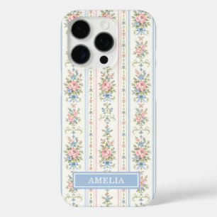 Blush Pink Blue Watercolor Floral Striped iPhone 16 Pro Case