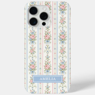 Blush Pink Blue Watercolor Floral Striped iPhone 15 Pro Max Case