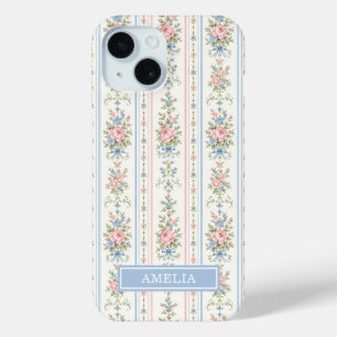 Blush Pink Blue Watercolor Floral Striped iPhone 15 Case