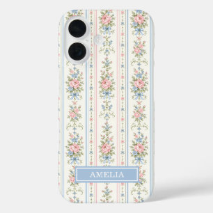 Blush Pink Blue Watercolor Floral Striped iPhone 16 Case