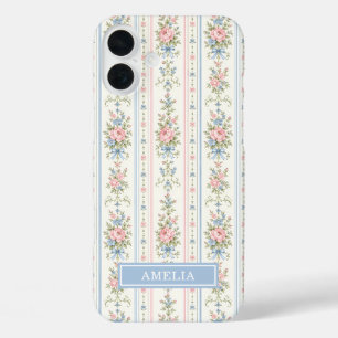 Blush Pink Blue Watercolor Floral Striped iPhone 16 Plus Case