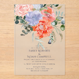 Blush Pink & Blue Watercolor Floral Wedding Acrylic Invitations