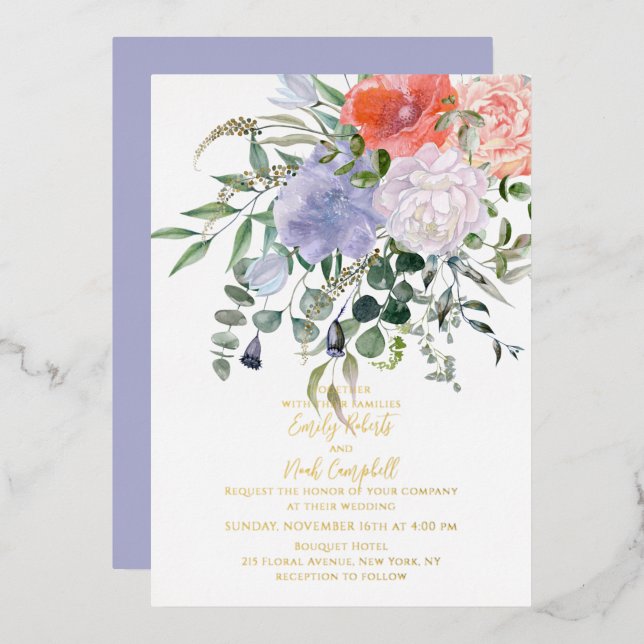 Blush Pink & Blue Watercolor Floral Wedding Gold (Front/Back)
