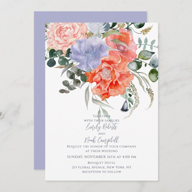 Blush Pink & Blue Watercolor Floral Wedding Invitation (Front/Back)