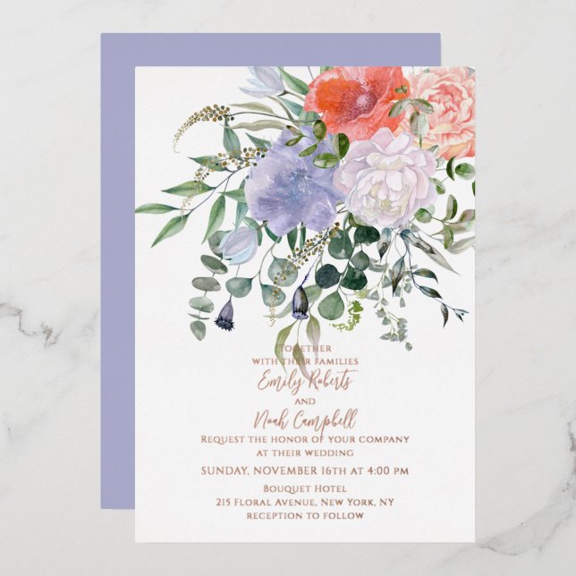 Blush Pink & Blue Watercolor Floral Wedding Rose (Front/Back)