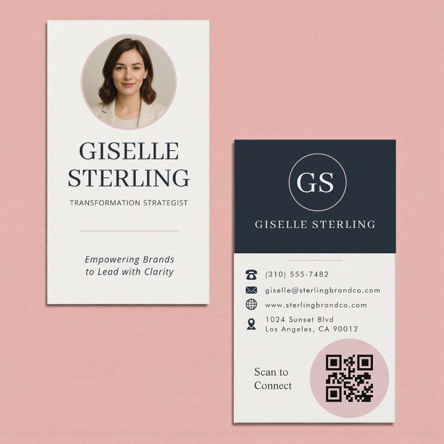Blush Pink Blush & Navy Blue Photo QR Code Business Card (Creator Uploaded)