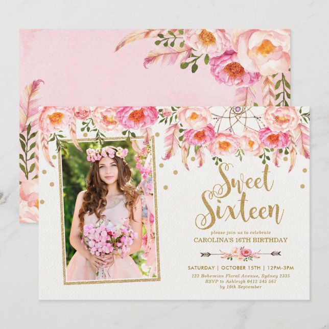 Blush Pink Bohemian Flowers Sweet 16 Birthday Invitation (Front/Back)