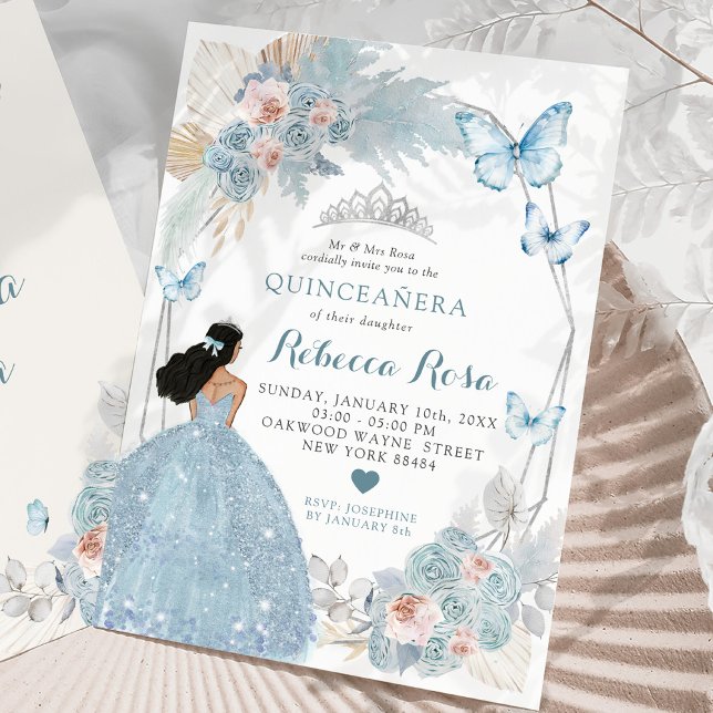 Blush Pink Boho Blue Princess Royal Quinceañera Invitation (Creator Uploaded)