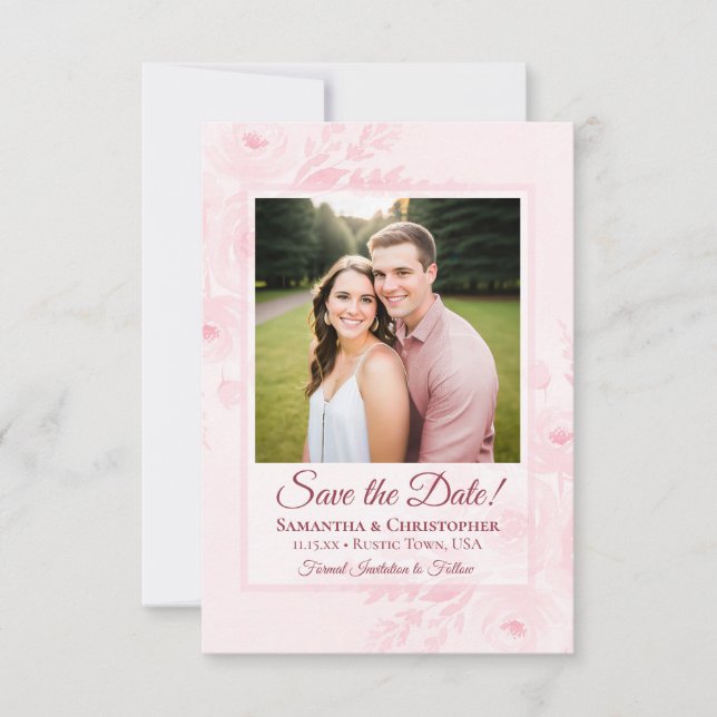 Blush Pink Boho Chic Peonies & Photo Wedding Save The Date (Front)