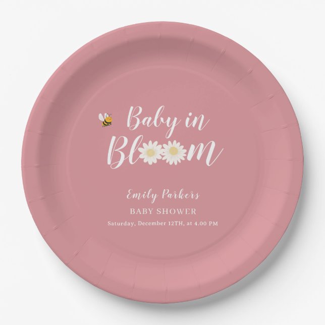 Blush Pink Boho Daisy Floral Baby In Bloom Shower Paper Plate (Front)