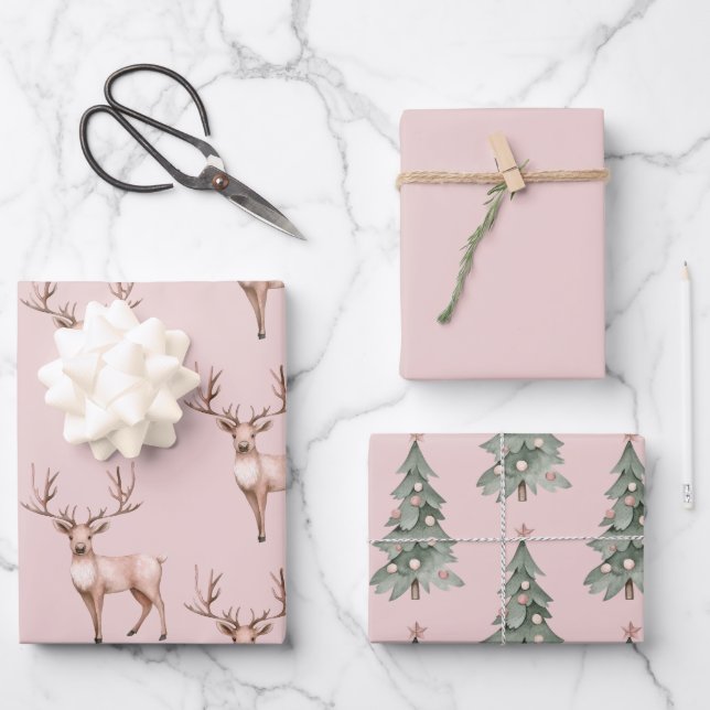 Blush Pink Boho Deer Christmas Trees Wrapping Paper Sheet (Front)