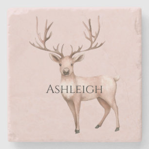 Blush Pink Boho Deer Tree Stone Coaster