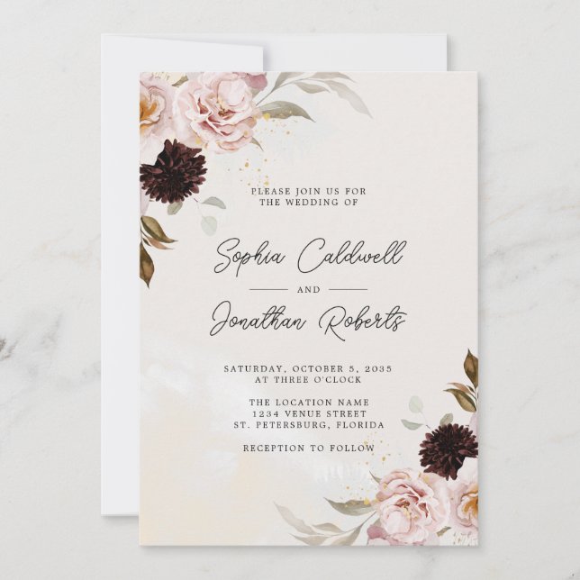 Blush Pink Boho Floral All in One Wedding Invitation (Front)