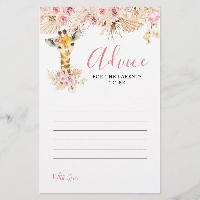 Blush Pink Boho Giraffe Baby Shower Advice Card (Front)