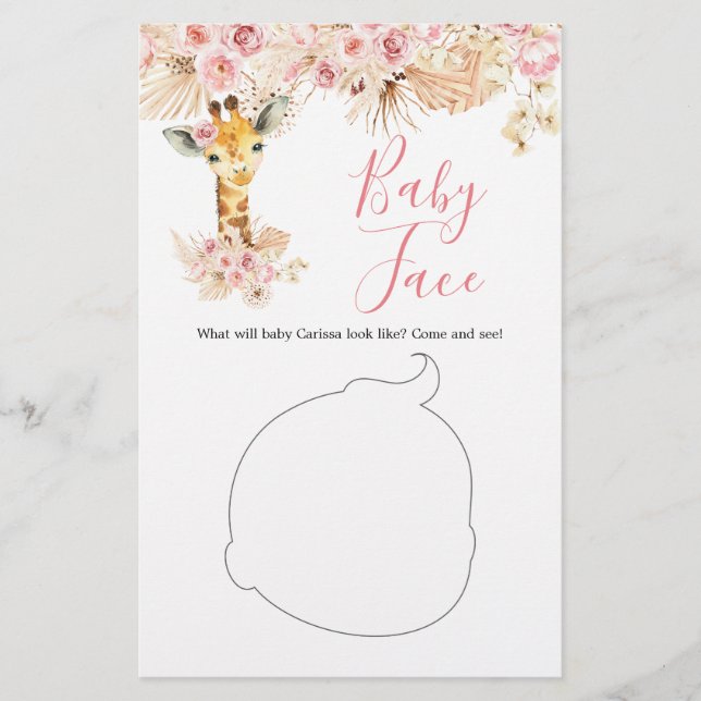 Blush Pink Boho Giraffe Baby Shower Baby Face (Front)
