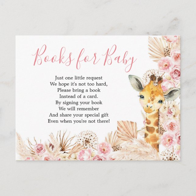 Blush Pink Boho Giraffe Baby Shower Books for Baby Invitation Postcard (Front)