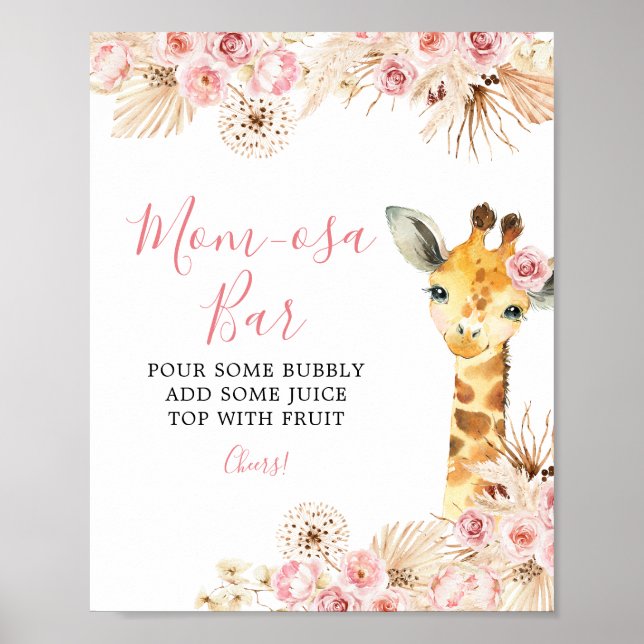 Blush Pink Boho Giraffe Baby Shower Mum-osa Bar Poster (Front)