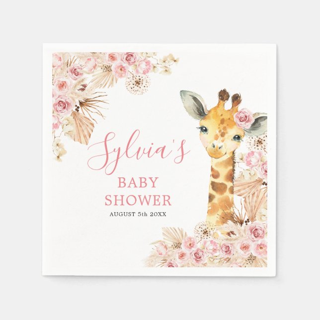 Blush Pink Boho Giraffe Baby Shower Paper Napkin (Front)