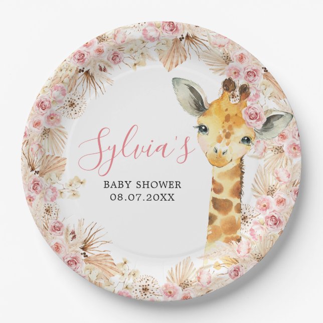 Blush Pink Boho Giraffe Baby Shower Paper Plate (Front)