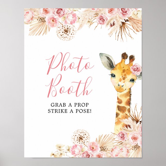 Blush Pink Boho Giraffe Baby Shower Photo Booth Poster (Front)