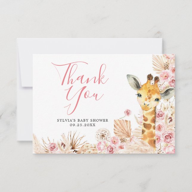 Blush Pink Boho Giraffe Baby Shower Thank You Card (Front)
